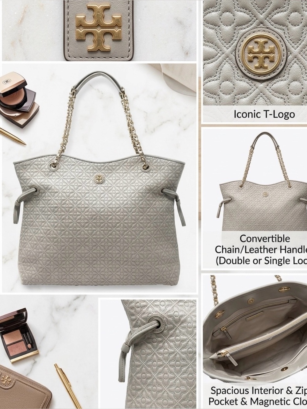 Tory Burch Gray Bryant Quilted Leather Slouchy Tote | Good Condition